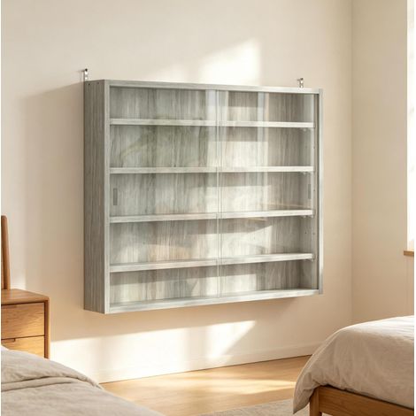 Wandmontierter Vitrinenschrank 80 x 9,5 x 60 cm mit 4 höhenverstellbaren Regalen, Grau HAVRYA (1/5)