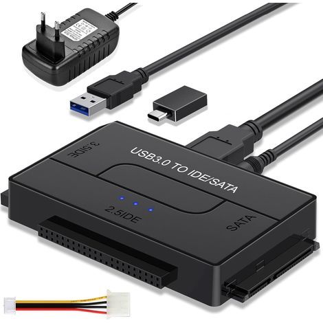 Adaptateur de disque dur USB 3.0 vers IDE/SATA avec bloc d'alimentation 12 V, adaptateur USB IDE et disque dur 2,5/3,5 pouces pour disque dur, SSD, CD-ROM DVD, prend en charge jusqu'à 6 To, compatible (1/5)