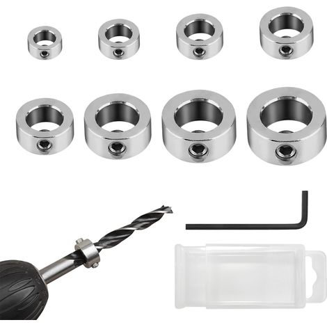 Lot de 8 butées de profondeur pour perceuse, 3/4/5/6/8/10/12/16 mm - Limiteur de profondeur avec clé hexagonale, anneaux de butée de profondeur pour le travail du bois (1/5)