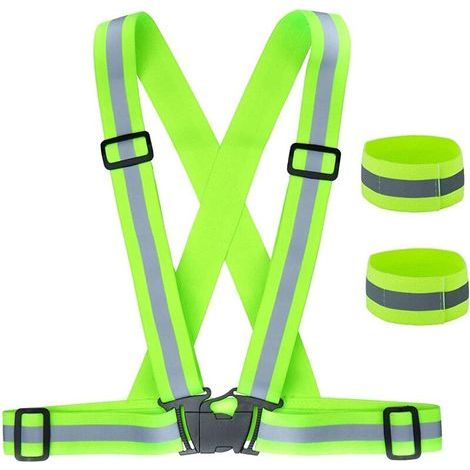 Chaleco de seguridad + muñequeras reflectantes de seguridad, chaleco reflectante elástico ajustable para correr, andar en bicicleta y andar en moto. (1/5)