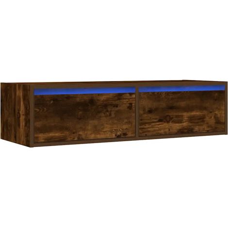 Meuble TV mural moderne éclairage LED 100 x 35,5 x 25 cm gain de place décoratif en bois d'ingénierie chêne fumé (1/5)