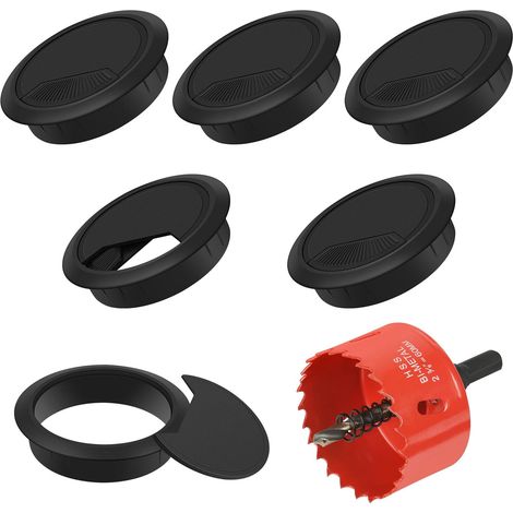 Lot de 6 Passe-Câbles Bureau Ø 60 mm avec Scie-Cloche - Cache-Trou Organiseur de Fils pour Bureau et Table - Flintronic - Noir (1/4)