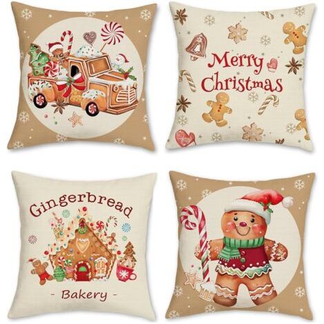 Housse de Coussin Noël Pain d’épices 45 x 45 cm Camion Boulangerie Noël Polyester Lin Décoratif Taie d'oreiller pour Canapé Chambre Maison Vacances d’Hiver Décoration 4 Pièces (1/5)