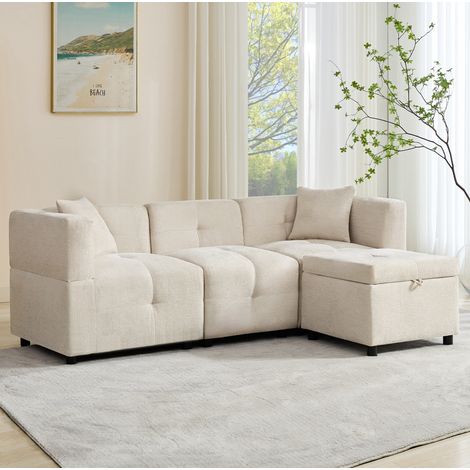 Sofá 3 plazas con almacenaje chenilla beige 204 cm OKMYHOME (1/5)