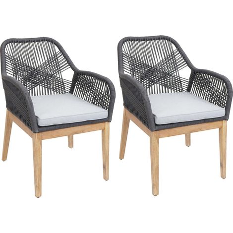 [NEUWERTIG] 2er-Set Gartenstuhl HHG-678b, Sessel Outdoor, wetterfest Seilgeflecht Rope Holz Akazie dunkelgrau Kissen hellgrau