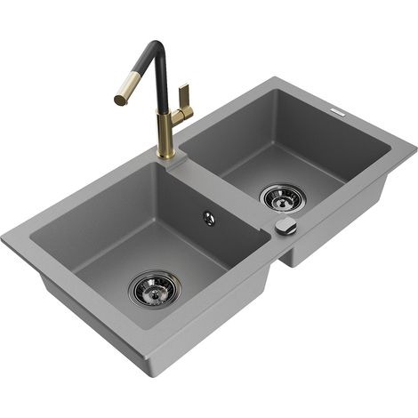 Mexen Mario 2-Becken-Granitspüle mit Mischbatterie Flora, Grau - 6504-71-670401-57-B