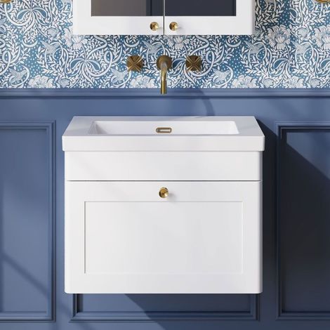 Nuie Classique Wall Hung 1-Drawer Vanity Unit with 0TH Contemporary Basin 600mm Wide - Satin White