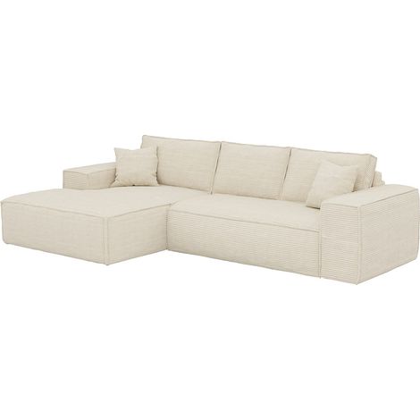 Canapé d'angle gauche convertible express en velours côtelé beige - Couchage 140 cm - Matelas 13 cm avec mémoire de forme - AMELIA (1/4)