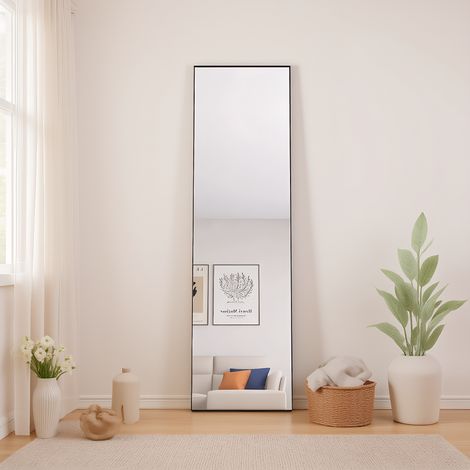 Ganzkörperspiegel Standspiegel 140 x 40 cm, rechteckiger Schlafzimmerspiegel mit Rahmen and Aluminiumlegierung, Ankleidespiegel mit robustem Glas, für Schlafzimmer, Wohnzimmer und Garderobe, Schwarz (1/5)