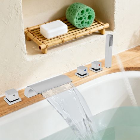【Chauffage et ventilation】Robinet Baignoire 5 Trous Argenté avec Douchette, Cascade Large, Douchette à Main, Commandes Chaud/froid Séparées et Cartouches Céramique, pour Salle de Bain (1/5)