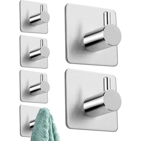 Crochet Adhesif Mural, Accroche Torchon Cuisine,Porte Serviette Salle de Bain, pour Serviette, clés, cuisine, anti-rouille et étanc, 6 Pièces, Argent (1/5)