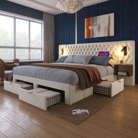 Cama tapizada 180x200 cm con 2 mesitas, 4 cajones, luz de lectura y carga USB Type C, terciopelo beige (1/5)
