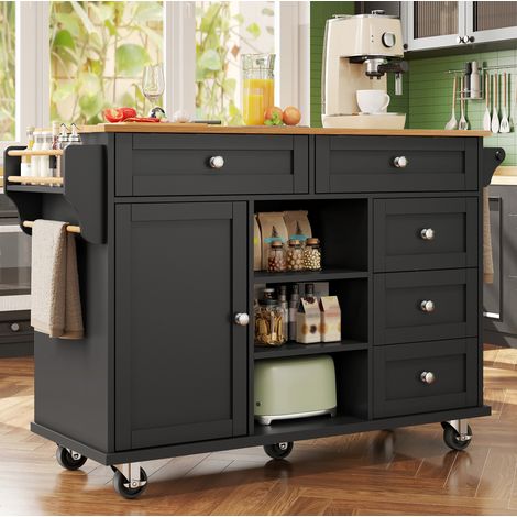 Servierwagen 134 x 46 x 92 cm in Schwarz mit Schubladen, Seitenregalen und mobiler oder fester Nutzung (1/5)