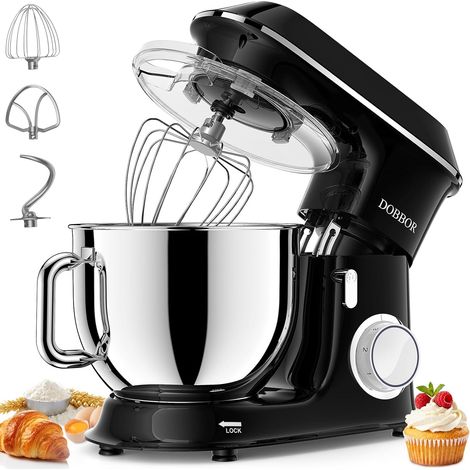 1500W Pastry Mixer with Whisk, Beater, Hook, Stainless Steel Bowl, 7 Speeds Low Noise Electric Pastry, Dishwasher Safe (Black) (1/5)