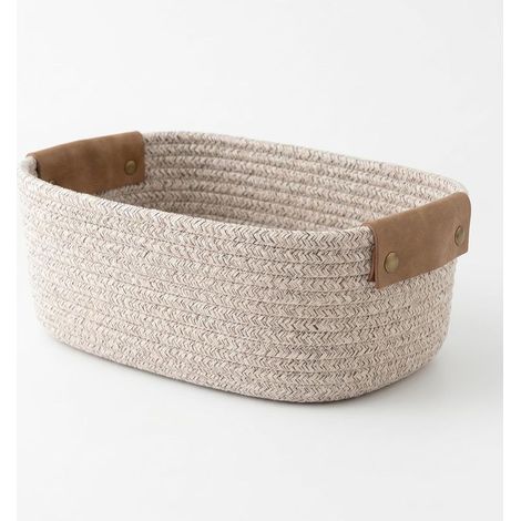Panier de Rangement Petit (28x22x11cm) - Panier tressé lavable en coton avec poignées en cuir amovibles - Organisateur Boho indéformable pour salle de bain, commode & chambre, Marron (1/5)