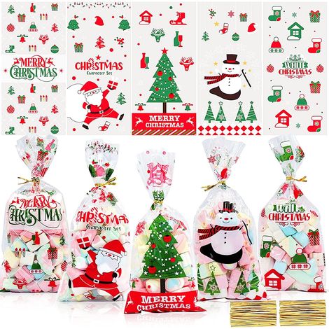 Sachets à bonbons de Noël, sachets en cellophane pour Noël, 50 sachets transparents avec 50 attaches pour bonbons, parfaits pour les fêtes de fin d'année. (1/5)
