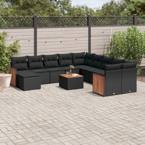 Ensemble de jardin 12 places en résine tressée noire avec coussins amovibles, table acacia et rangements intégrés (1/3)