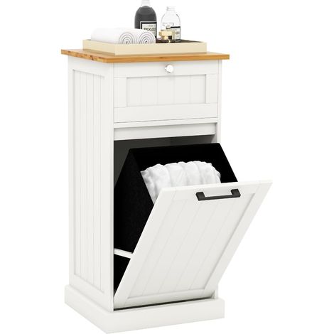 Goplus – Armoire inclinable avec panier à linge 38L – Tiroir de rangement – Dimensions 40x37x82 cm – Charge 50 kg – MDF et bambou blanc