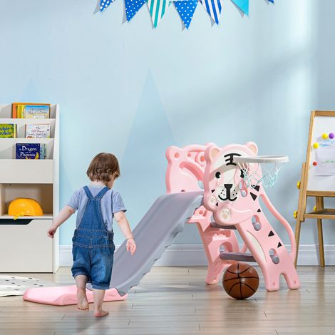 Toboggan pour enfants, toboggan intérieur pour enfants, avec panier de basket, thème tigre, rose, de 18 à 36 mois