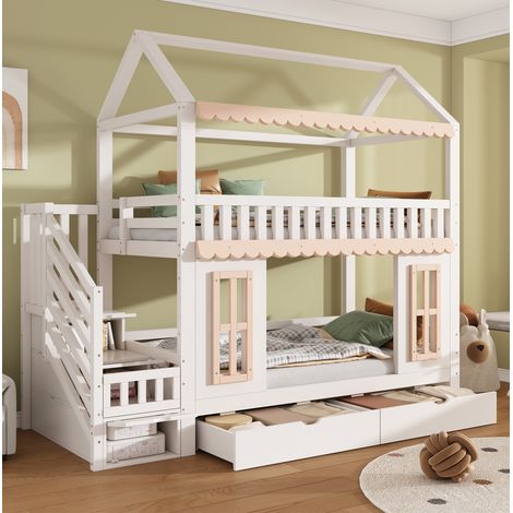 Lit mezzanine enfant en forme de maison, 90x200 cm, bois blanc et naturel, avec tiroirs (1/5)