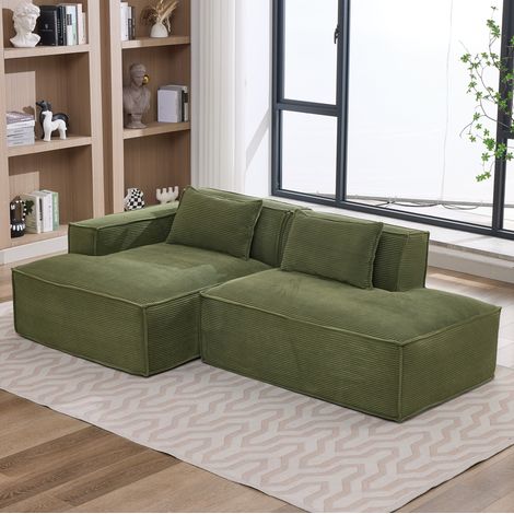 Divano angolare in poliestere verde con seduta a molle insacchettate e 2 cuscini, 233x129x70 cm (1/5)