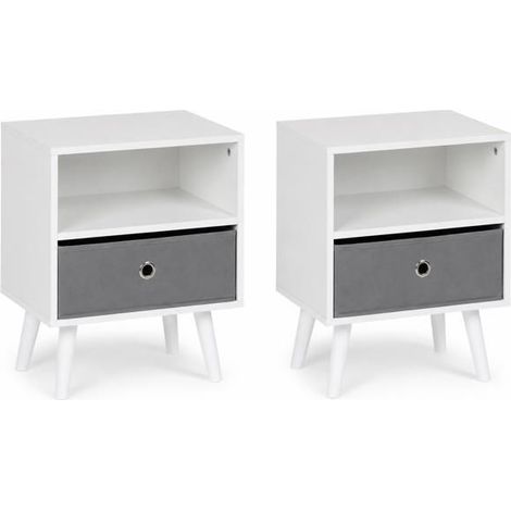 Table de chevet - JUANIO - Lot de 2 - Blanc - Tiroir tissu gris - 39x29x47 cm (1/5)