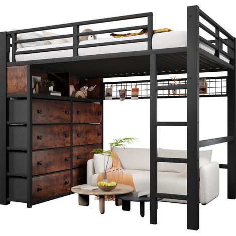 CHICFURN Letto a soppalco per bambini 140x200 cm in metallo nero, 8 cassetti, LED e vani (1/5)