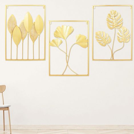3D goldene Blätter Muster Wanddekoration, 3 Stück Wohnzimmer Schlafzimmer kreative Metalldekoration, 60  40  1cm (1/5)