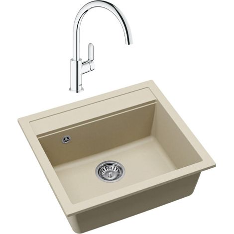 Swiss Aqua Technologies 56,5x51cm Granit-Einbauspüle mit umkehrbarem Abtropfbecken + Einhebelmischer, Jasmin (SATSINKGQQ100J-SET)