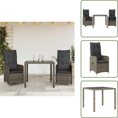 3-tlg. Garten-Bistro-Set mit Kissen Grau Poly Rattan - Bistro Set - Bistro Sets - Bistroset - Garten Bistro Set (1/5)