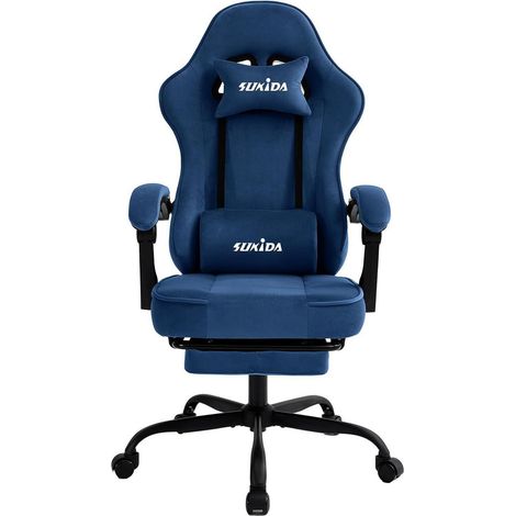 Gaming Stuhl Racing Fußstütze Lordosenstütze Stoff Blau (1/5)