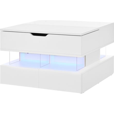 Mesa de centro elevable blanca con LED de 16 colores y balda de cristal (1/5)