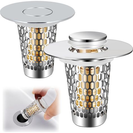 Set mit 2 Waschbeckenstöpseln für 1-1,50 Zoll, universeller Edelstahl-Bodenablauffilter, universeller Waschbecken-Dichtungsstopfen mit Haarfilter (silber)
