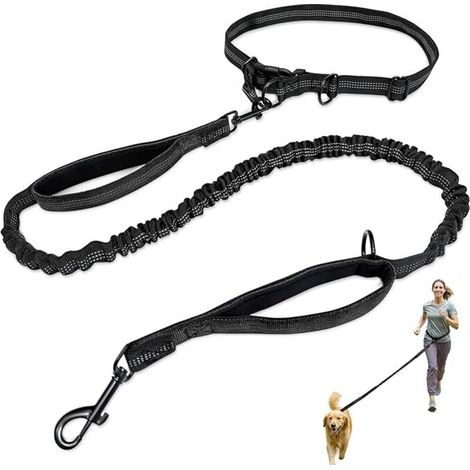 Laisse mains libres pour chien, idéale pour la course et la marche : ceinture ajustable (71-127 cm), 2 poignées renforcées, éléments réfléchissants et système anti-traction pour chiens de petite et mo (1/4)