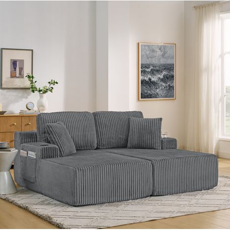 Sofá cama 2 plazas 186 x 154 x 78 cm de tejido pana gris, bolsillo y portavasos (1/5)