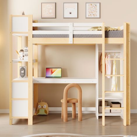Cama alta 90x200 cm con escritorio, estanterías y armario, en madera, blanco y natural, sin colchón (1/5)