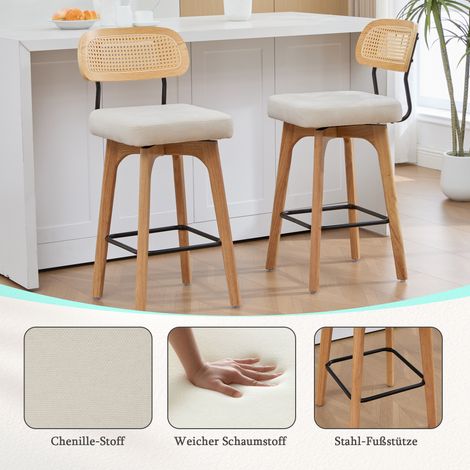 Lot 2 tabourets bar rotatifs 360°, dossier rotin assise rembourrée, mid-century, cuisine salle à manger, coloris beige (1/5)