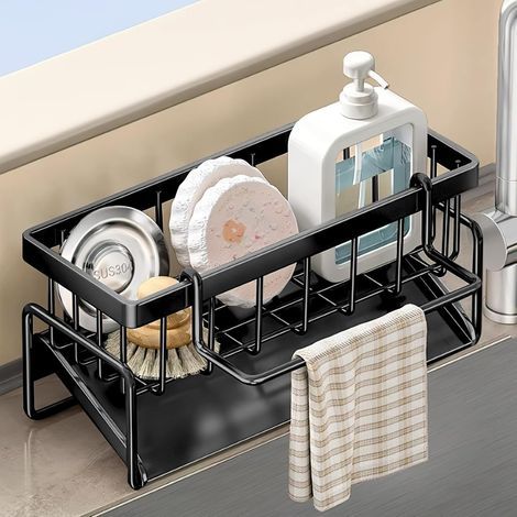 Organizzatore per lavello in acciaio inox, organizer per lavello, contenitore sotto il lavello con drenaggio automatico, adatto per porta spugne del lavello cucina, conservazione e organizzazione dell (1/5)