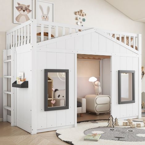 DESVIAE Lit superposé cabane enfant avec escalier étagère barrières de sécurité et fenêtres 90x200 cm blanc et gris en pin MDF espace inférieur modulable pour chambre enfant (1/5)