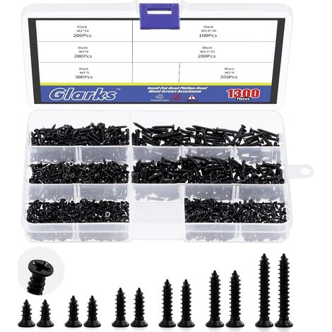 Petites vis en bois, 5 mm, 6 mm, 7 mm, 8 mm, 10 mm, noires, autoperceuses, vis à tête cruciformes plates, kit de gamme pour meubles de maison, décoration, noir, 1300 pièces (1/5)