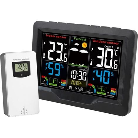 Horloge météo à écran couleur avec capteur, thermomètre et hygromètre d'intérieur, alarme rechargeable par USB (1/5)