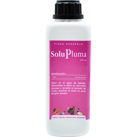 SoluPluma 250 ml (Ref. FCSPL) - Apoyo nutricional en época de muda – Favorece el emplumamiento de gallinas, palomas, palmípedas -250 ml
