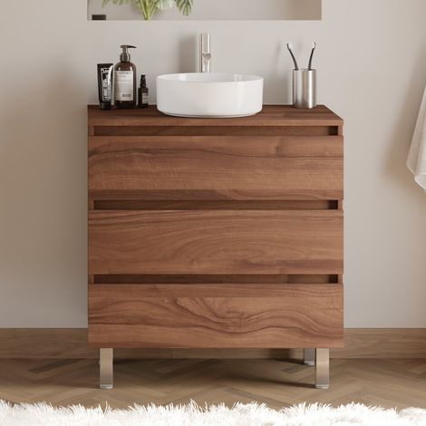 Meuble de salle de bain 80cm avec plateau et vasque à poser ronde - 3 tiroirs - sans miroir - noyer (bois foncé) - MAYOR