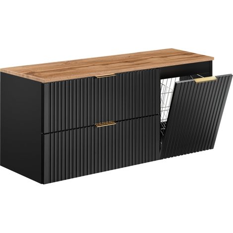Furnidea - Meuble suspendu sous vasque ADEL NOIR 120 cm avec panier à linge et plan chêne - 2 tiroirs - Façades rainurées (1/5)
