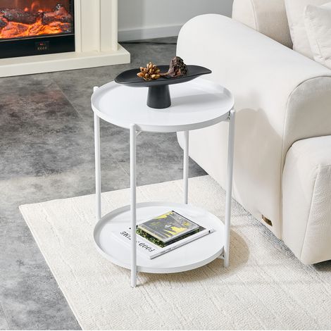 Table d'appoint ronde 42x42x52 cm en métal blanc, avec rangement pour salon FLORAGRACE (1/5)