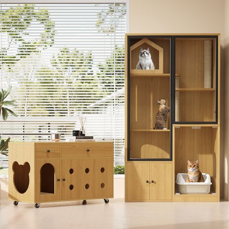 Katzenmöbel Set Katzenvilla und Katzentoilette-Schrank mit Kratzbaum Glas und Holz Minimalistisch Ahorn