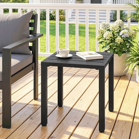 Table de jardin carrée. table de terrasse. cadre en métal. intérieur et extérieur. pour balcon. porche. patio. noir