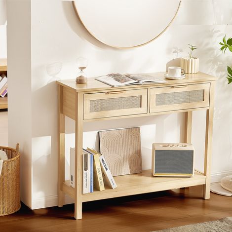 Table console en rotin avec 2 tiroirs de rangement, table d'entrée en rotin naturel avec porte coulissante, 1000 x 295 x 815 mm, rangement pour salon, bureau, entrée ou mur TV, couleur du bois (1/5)