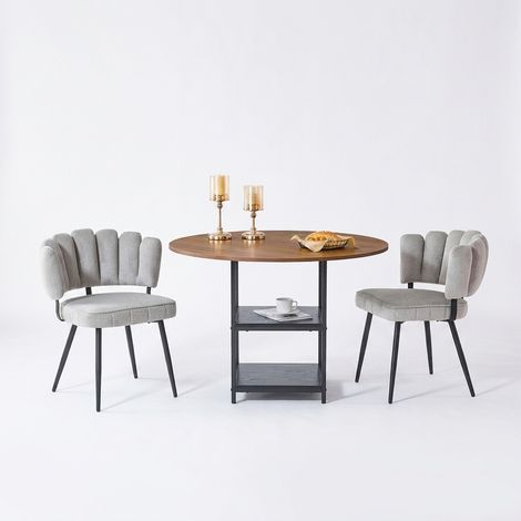 Ensemble table ronde et 2 chaises grises, plateau effet noyer 107 cm, double rangement, sièges rembourrés en tissu (1/5)