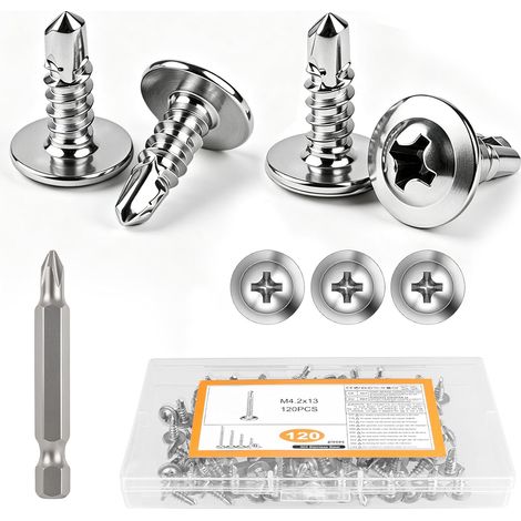 120 PcsTornillos Autotaladrantes, 4,2 x 13 mm Tornillos Roscachapas de acero inoxidable 410, Tornillos Autorroscantes para Metal, madera, plástico, Tejado Chapa Trapezoidal Chapas Metalicas (1/5)